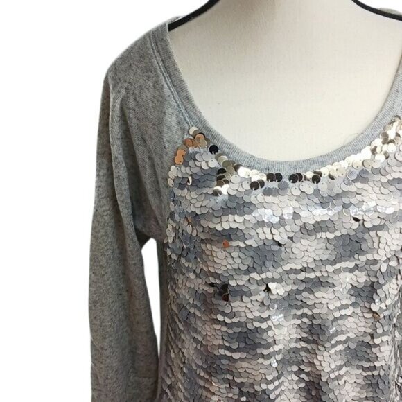Express Womens S Gray Flip Sequin Long Sleeve Top Shimmer Sparkle Party Blouse - Picture 3 of 6